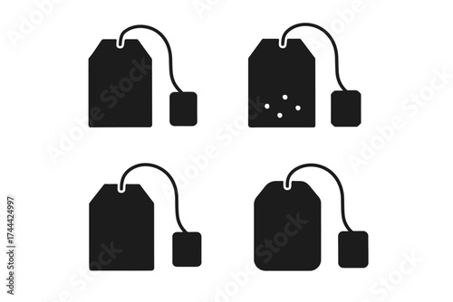 Set of four black tea bag icons with strings and tags on white background