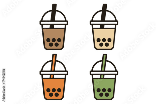 Colorful bubble tea icons with varied flavors and colors
