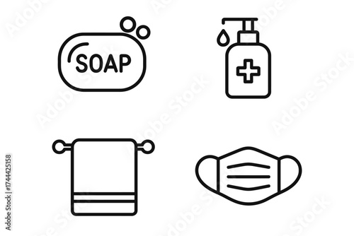 Essential hygiene icons: soap, sanitizer, towel, face mask outline illustrations