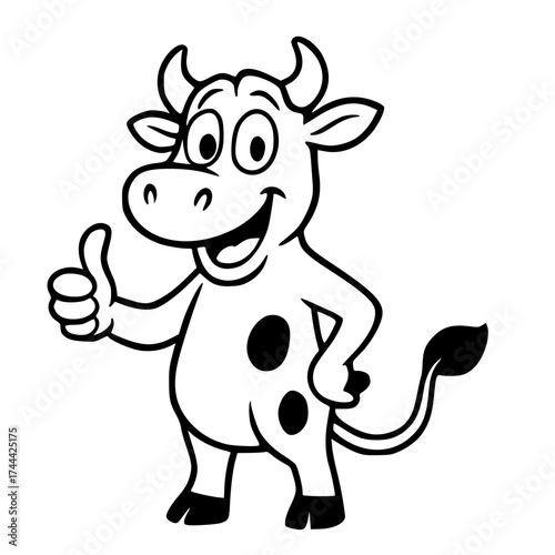 Vector for coloring, cute cartoon cow, thumb up