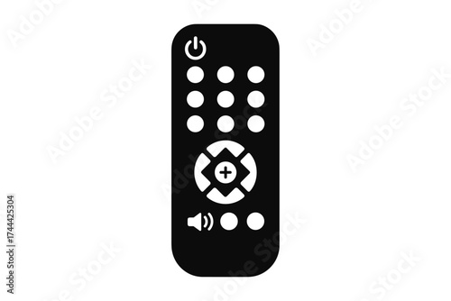 Black and white remote control with buttons and symbols on white background