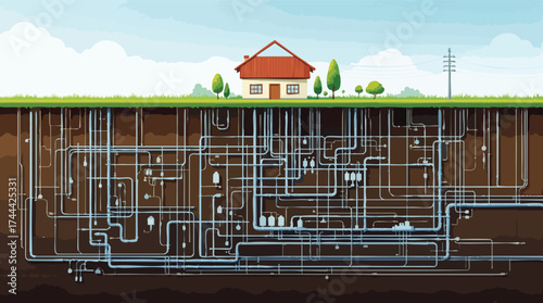 Underground network of pipes and utilities beneath a suburban house and landscape infrastructure.