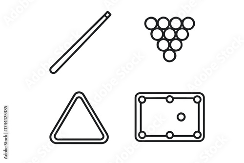 Billiards equipment icons: cue, balls, rack, table diagrams
