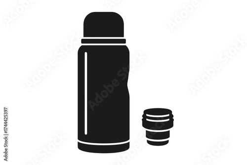 Black silhouette of thermos bottle with removable lid on white background