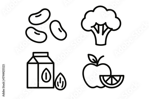 Line art icons: beans, broccoli, juice carton, and apple