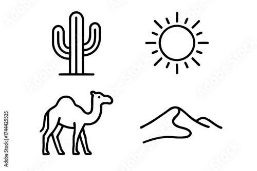 Desert illustration with cactus, sun, camel, and dunes