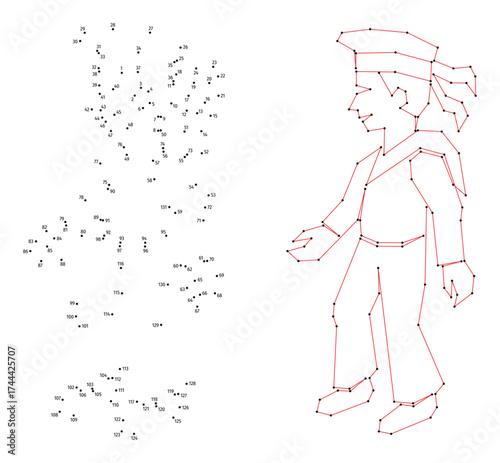 Sailor in sailor cap. Connect the dots educational drawing game. Dot to dot by numbers puzzle. Google Font Fira Sans Condensed.