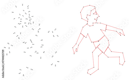 Boy runs, looking back. Connect the dots educational drawing game. Dot to dot by numbers puzzle. Google Font Fira Sans Condensed.