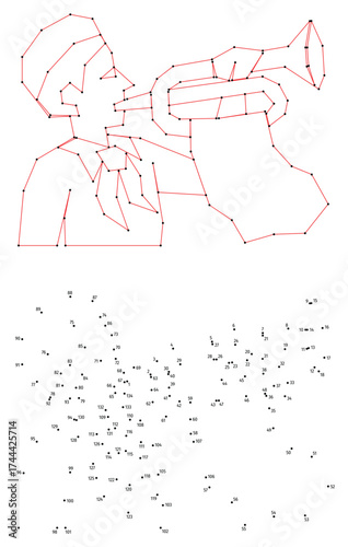 Pioneer is blowing a horn. Connect the dots educational drawing game. Dot to dot by numbers puzzle. Google Font Fira Sans Condensed.
