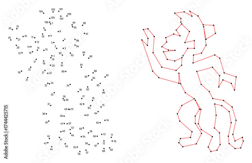 Monkey in a prayer cap. Connect the dots educational drawing game. Dot to dot by numbers puzzle. Google Font Fira Sans Condensed.