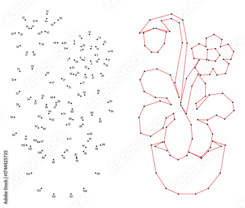 Strawberry bush in pot. Connect the dots educational drawing game. Dot to dot by numbers puzzle. Google Font Fira Sans Condensed.