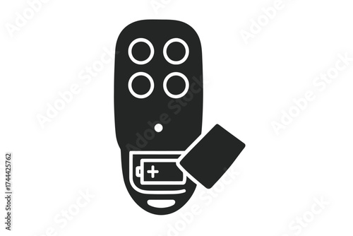 Black tv remote icon with battery on white background