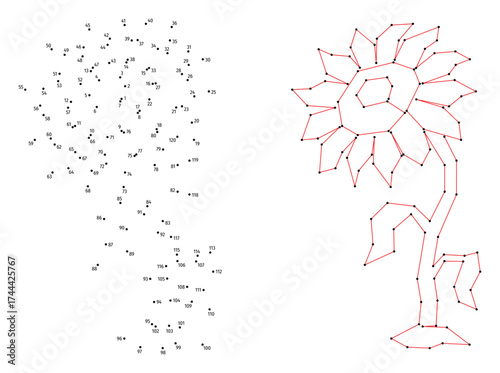 Sunflower. Connect the dots educational drawing game. Dot to dot by numbers puzzle. Google Font Fira Sans Condensed.