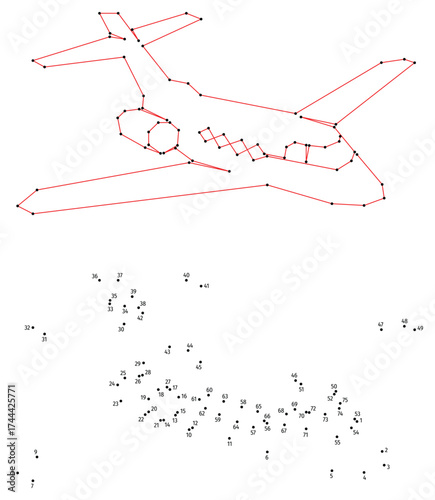 Passenger plane business class. Connect the dots educational drawing game. Dot to dot by numbers puzzle. Google Font Fira Sans Condensed.