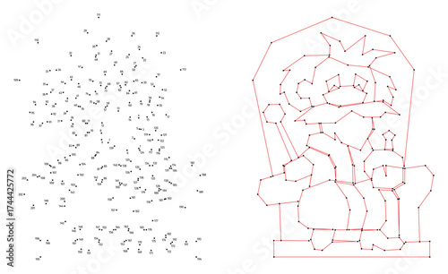 King on throne with scepter and mace. Connect the dots educational drawing game. Dot to dot by numbers puzzle. Google Font Fira Sans Condensed.