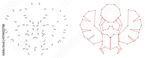 Scarabaeus sacer with a ball of dung. Connect the dots educational drawing game. Dot to dot by numbers puzzle. Google Font Fira Sans Condensed.
