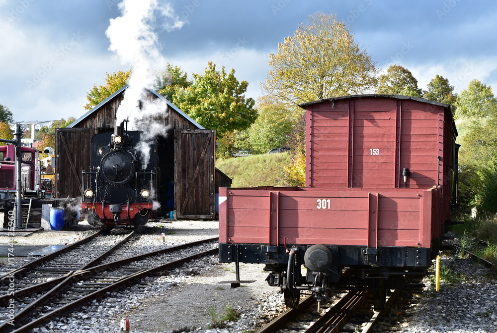 Obraz premium Schmalspur - Museumsbahn auf dem Härtsfeld mit Dampflokomotive, Personenwagen, Triebwagen in herbstlicher Landschaft