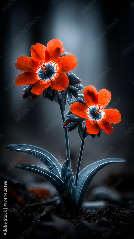 Obraz premium Red flowers bloom in dark woods. Two vibrant red flowers stand out against a dark, shadowy background in a forest environment, showcasing their beauty.