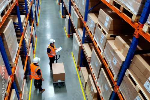 Two middle aged Caucasian men wearing safety vests and helmets working in warehouse, one holding clipboard and checking inventory while other moving box on hand truck between shelves