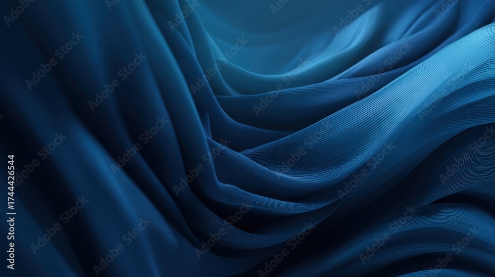 Obraz premium A blue fabric with a wave pattern. The waves are very close together, creating a sense of movement and fluidity. The fabric appears to be made of a synthetic material