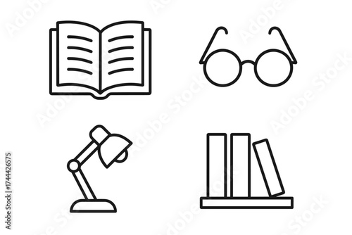 Set of study icons: open book, glasses, desk lamp, bookshelf