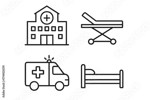 Hospital icon set: building, stretcher, ambulance, bed - simple healthcare symbols