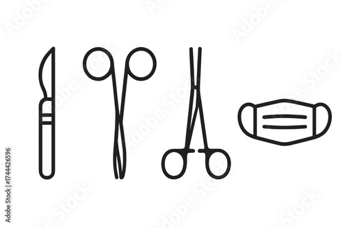 Outline icons of surgical tools and medical mask