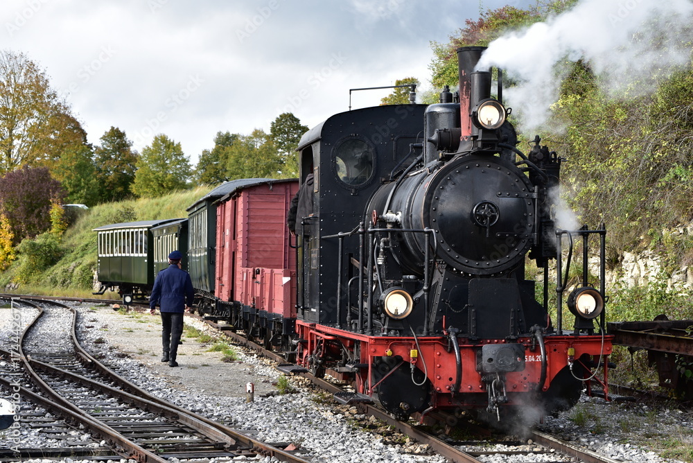 Obraz premium Schmalspur - Museumsbahn auf dem Härtsfeld mit Dampflokomotive, Personenwagen, Triebwagen in herbstlicher Landschaft
