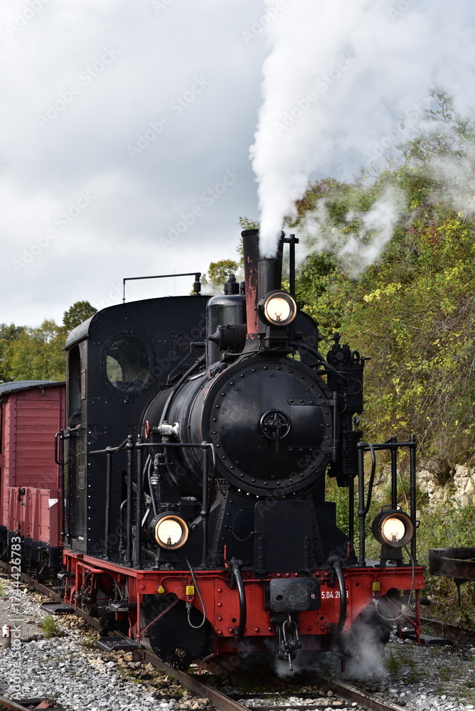 Naklejka premium Schmalspur - Museumsbahn auf dem Härtsfeld mit Dampflokomotive, Personenwagen, Triebwagen in herbstlicher Landschaft