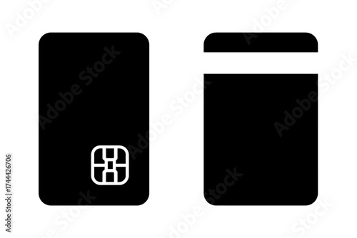 Black credit card and nearby atm icon on white background