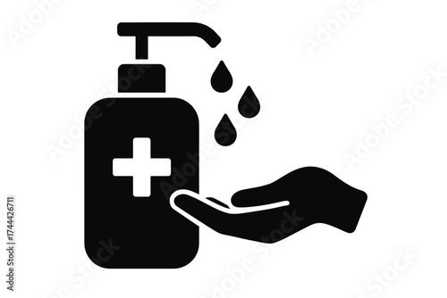 Hand sanitizer dispenser icon with hand receiving liquid drops