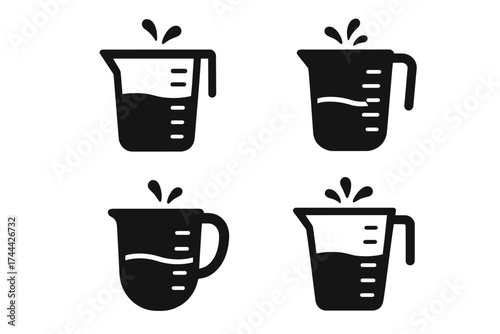 Set of black measuring jug icons with splash design elements