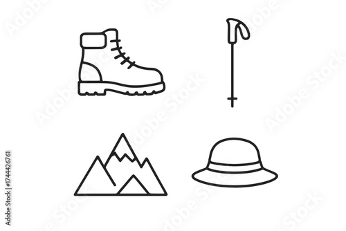 Hiking essentials: boot, pole, mountain, hat - outdoor adventure icons