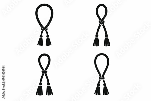 Collection of decorative black tassel knot designs on white background