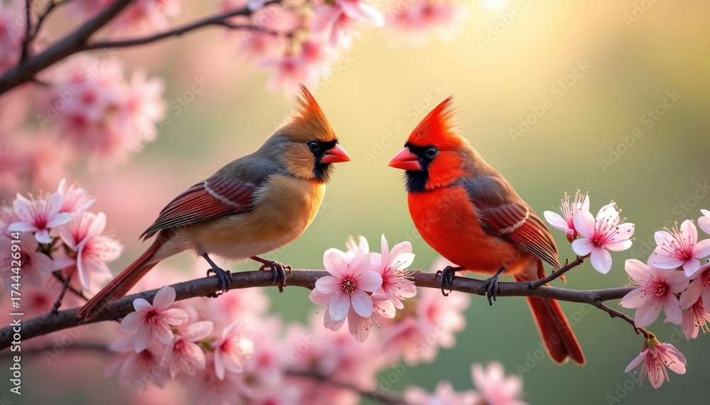 Obraz premium Vibrant red male cardinal, soft brown female cardinal bird perch on blossoming tree branch during spring. Gaze lovingly at surrounded by delicate pink flowers. Beautiful nature wildlife scene