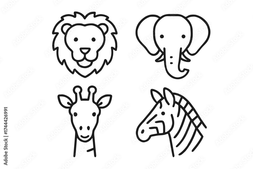 Naklejka premium Outline icons of african safari animals: lion, elephant, giraffe, zebra