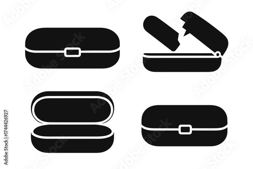 Eyeglass cases icons set - open and closed views in black and white