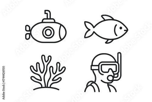 Underwater exploration icons: submarine, fish, coral, diver line art