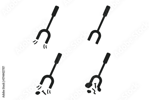 Four black forks with prongs in different states of retrieval and vibration