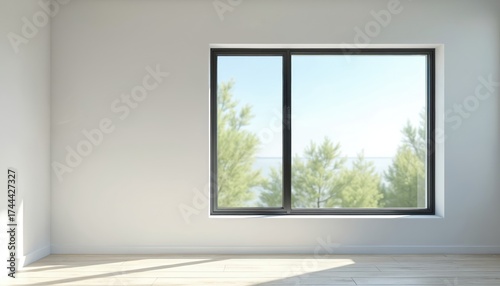Minimalist room with large window overlooking green trees, calm water. Sunlight streams onto wooden floorboards creating bright, airy atmosphere. Clean white walls provide contrast. Peaceful natural