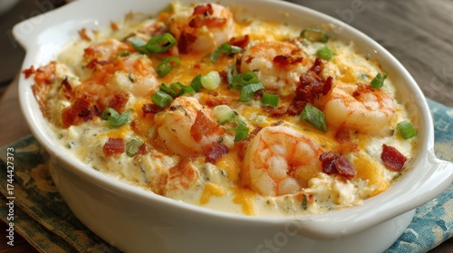A white bowl filled with shrimp and cheese. The dish is garnished with green onions and bacon