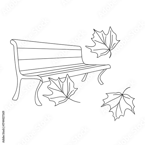 Simple line drawing of a bench with autumn leaves falling  