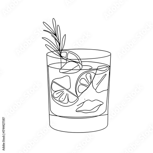 Line art cocktail glass with lemon, rosemary, and lips illustration  