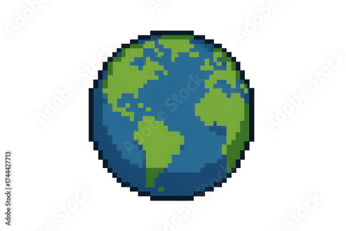 Pixel art earth showing green continents and blue oceans. Transparent background making it suitable for digital projects