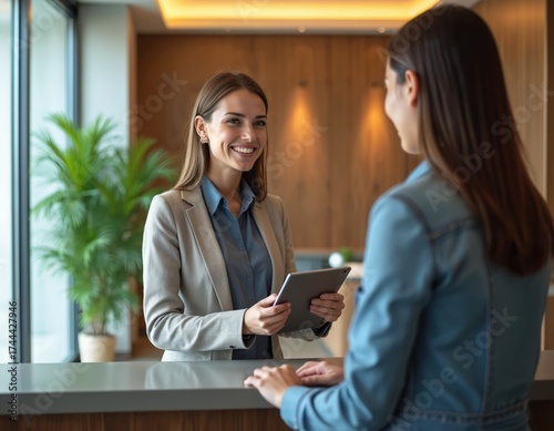 Receptionist with tablet smiles, greets guest at modern hotel reception desk. Staff member assists traveler with check-in, modern hospitality service. Friendly welcome interaction.