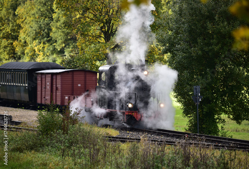 Schmalspur - Museumsbahn auf dem Härtsfeld mit Dampflokomotive, Personenwagen, Triebwagen in herbstlicher Landschaft
