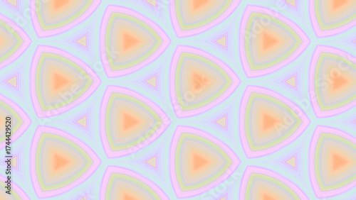 Groovy abstract background with geometric pattern of triangle shapes in light blue, pink, pale purple, soft green, peach orange colors. Retro design illustration. Kaleidoscope triangular mosaic decor