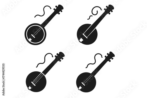 Set of four banjo icon silhouettes with strings and tuning pegs