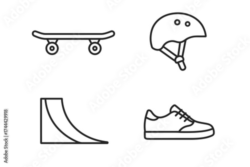 Minimalist line art of skateboard, helmet, ramp, and sneaker icons