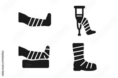Silhouette icons of injured legs with casts and crutches